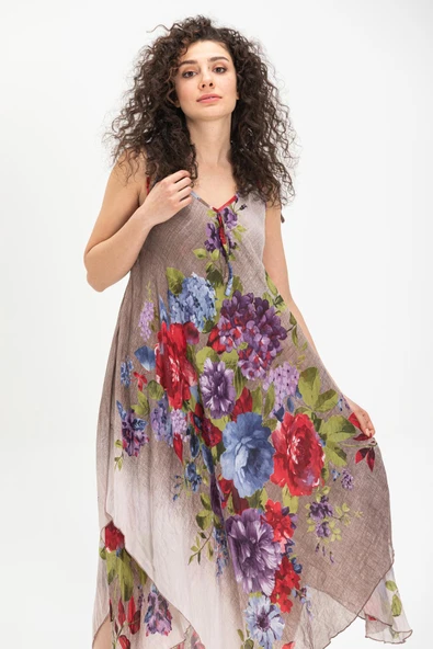 Askılı Vual Afrodit Midi Boy Yazlık Elbise Gri 6132 - Resim 3