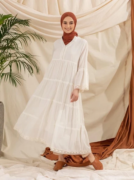 Uzun Kol Vual Şeyma Uzun Yazlık Elbise Krem Krm - 11