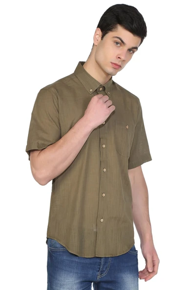 Kısa Kol Dar Kalıp Şile Bezi Tek Cepli Erkek Yazlık Gömlek Haki 3049 L Haki