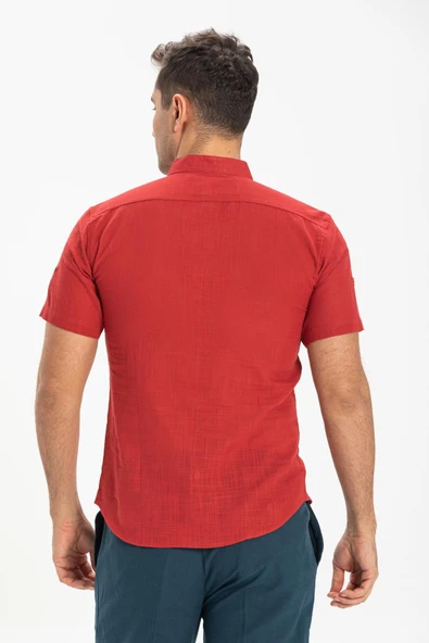 Kısa Kol Şantuklu Pamuk Bodrum Yazlık Erkek Gömlek Kırmızı 3051 3XL Kırmızı - Resim 2