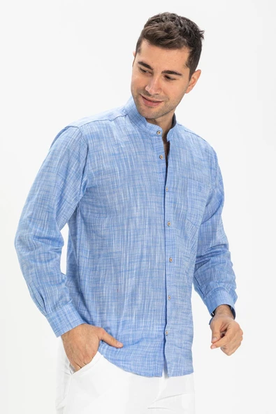 Uzun Kol Şile Bezi Hakim Yaka Tek Cepli Erkek Yazlık Gömlek Mavi Kırçıllı 3077 2XL Mavi Kırçıllı - Resim 3