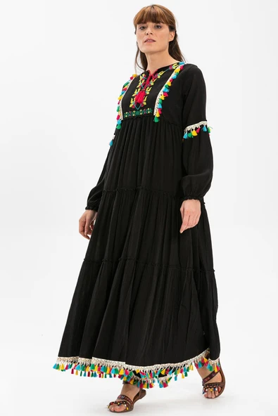 Uzun Kol Şile Bezi İffet Uzun Tesettür Elbise Siyah Syh L Siyah - Resim 3