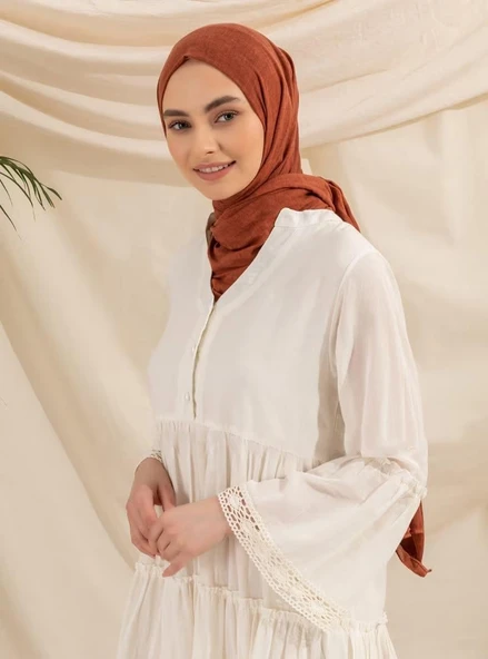 Uzun Kol Vual Şeyma Uzun Yazlık Elbise Krem Krm M Krem - Resim 12