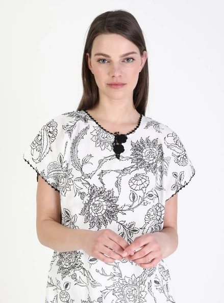 Kısa Kol Şile Bezi Baskılı Uzun Yazlık Elbise Çınar Desen Beyaz Byz L Beyaz - Resim 9