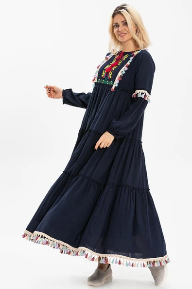 Uzun Kol Şile Bezi İffet Uzun Tesettür Elbise Lacivert Lcvt 2XL Lacivert - Resim 4