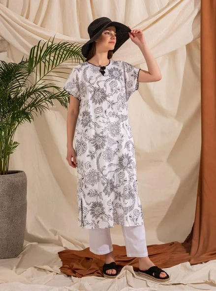 Kısa Kol Şile Bezi Baskılı Uzun Yazlık Elbise Çınar Desen Beyaz Byz L Beyaz - Resim 10
