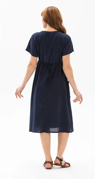 Kısa Kol Şile Bezi Büyük Beden Melek Midi Boy Yazlık Elbise Lacivert Lcvt 5XL Lacivert - Resim 2