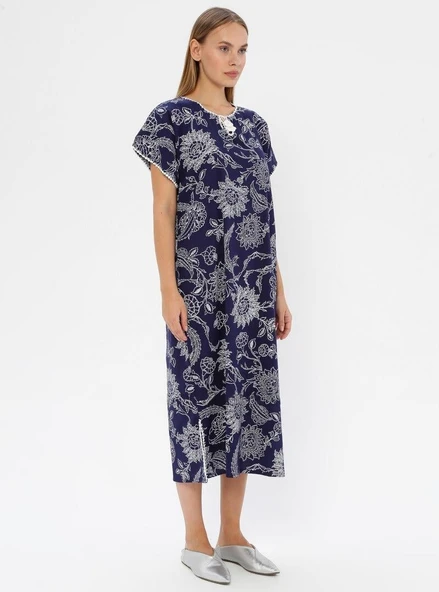 Kısa Kol Şile Bezi Baskılı Uzun Yazlık Elbise Çınar Desen Lacivert Lcvt L Lacivert - Resim 9