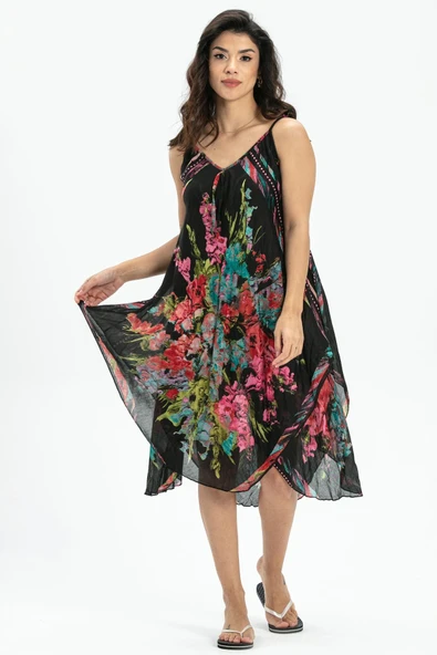 Askılı Vual Afrodit Midi Boy Yazlık Elbise Siyah-Beyaz 6063 ürün görseli