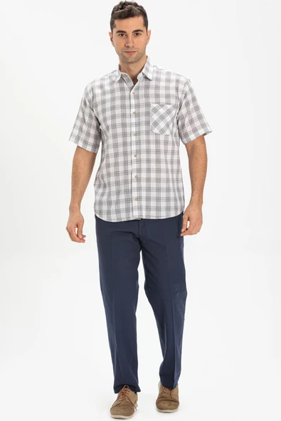 Kısa Kol Şile Bezi Tek Cepli Erkek Yazlık Gömlek Gri Ekose 3061 L Gri Ekose - Resim 3