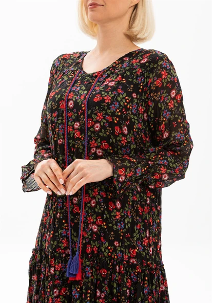 Uzun Kol Vual Gonca Uzun Yazlık Elbise Tomurcuk Desen Siyah 6162 L/XL Siyah - Resim 3