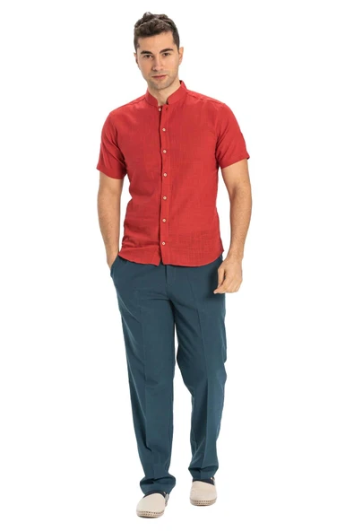 Kısa Kol Şantuklu Pamuk Bodrum Yazlık Erkek Gömlek Kırmızı 3051 XL Kırmızı - Resim 6