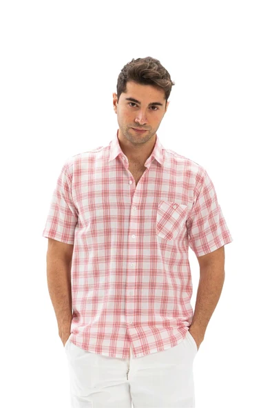 Kısa Kol Şile Bezi Tek Cepli Erkek Yazlık Gömlek Pembe Ekose 3059 L Pembe Ekose - 6