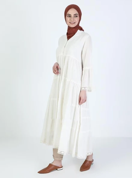 Uzun Kol Vual Şeyma Uzun Yazlık Elbise Krem Krm XL Krem - Resim 9