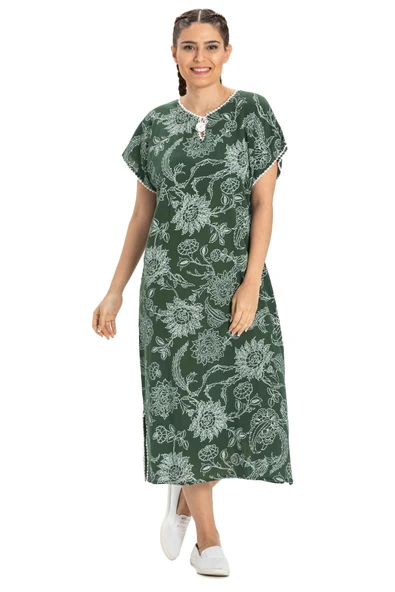 Kısa Kol Şile Bezi Baskılı Uzun Yazlık Elbise Çınar Desen Yeşil Ysl - Resim 6