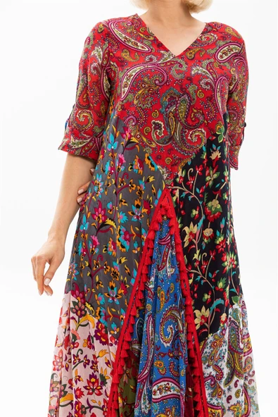 Uzun Kol Vual Patchwork Uzun Yazlık Otantik Elbise Kırmızı Krmz M Kırmızı - Resim 3