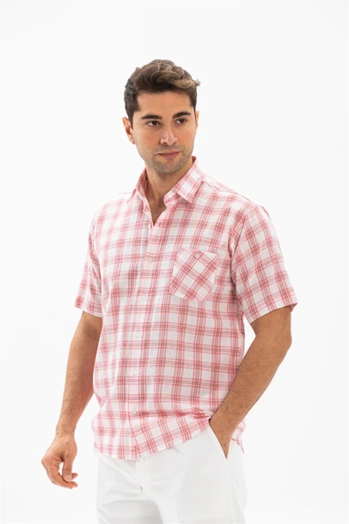 Kısa Kol Şile Bezi Tek Cepli Erkek Yazlık Gömlek Pembe Ekose 3059 L Pembe Ekose - 3