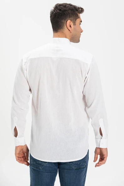 Uzun Kol Şile Bezi Hakim Yaka Tek Cepli Erkek Yazlık Gömlek Beyaz 3001 2XL Beyaz - Resim 2