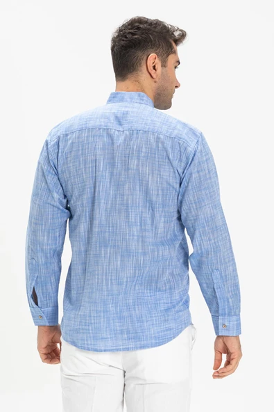 Uzun Kol Şile Bezi Hakim Yaka Tek Cepli Erkek Yazlık Gömlek Mavi Kırçıllı 3077 M Mavi Kırçıllı - Resim 2