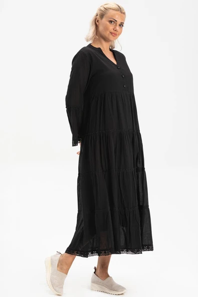 Uzun Kol Vual Şeyma Uzun Yazlık Elbise Siyah Syh XL Siyah - Resim 5