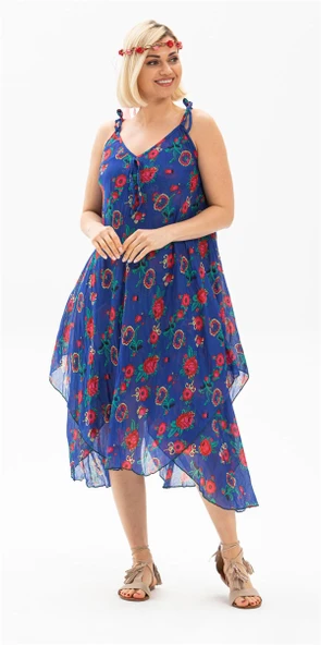 Askılı Vual Afrodit Midi Boy Yazlık Elbise Saks 6085 - Resim 3