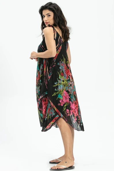 Askılı Vual Afrodit Midi Boy Yazlık Elbise Siyah-Beyaz 6063 - Resim 3