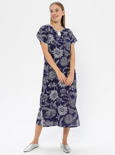 Kısa Kol Şile Bezi Baskılı Uzun Yazlık Elbise Çınar Desen Lacivert Lcvt L Lacivert - Resim 7