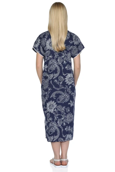 Kısa Kol Şile Bezi Baskılı Uzun Yazlık Elbise Çınar Desen Lacivert Lcvt L Lacivert - Resim 2