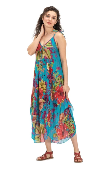 Askılı Vual Afrodit Midi Boy Yazlık Elbise Turkuaz 6149 - Resim 6