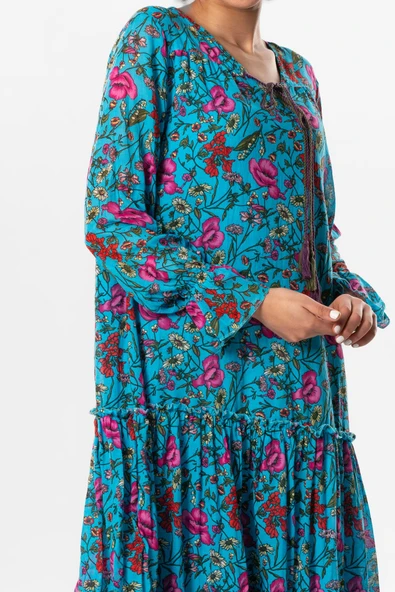 Uzun Kol Vual Gonca Uzun Yazlık Elbise Gelincik Desen Turkuaz Çizgili 6156 L/XL Turkuaz - Resim 3