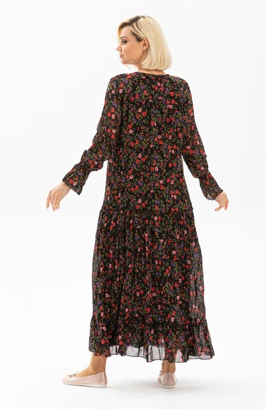 Uzun Kol Vual Gonca Uzun Yazlık Elbise Tomurcuk Desen Siyah 6162 L/XL Siyah - Resim 2