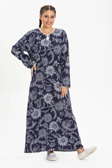 Uzun Kol Şile Bezi Baskılı Uzun Yazlık Elbise Çınar Desen Lacivert Lcvt - Resim 5