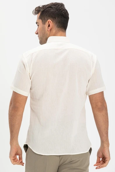 Kısa Kol Dar Kalıp Şile Bezi Tek Cepli Erkek Yazlık Gömlek Krem 3002 XL Krem - Resim 2