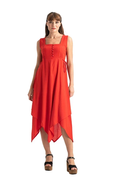 Kolsuz Şile Bezi Üçgen Katlı Midi Boy Yazlık Elbise Kırmızı Krmz XL Kırmızı - Resim 6