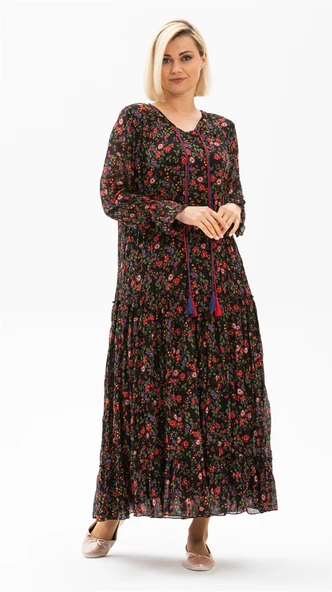 Uzun Kol Vual Gonca Uzun Yazlık Elbise Tomurcuk Desen Siyah 6162 L/XL Siyah - Resim 4