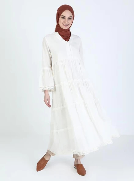 Uzun Kol Vual Şeyma Uzun Yazlık Elbise Krem Krm XL Krem - Resim 8