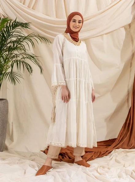 Uzun Kol Vual Şeyma Uzun Yazlık Elbise Krem Krm L Krem - Resim 10