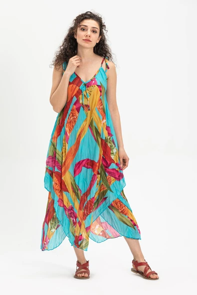 Askılı Vual Afrodit Midi Boy Yazlık Elbise Turkuaz 6149 ürün görseli