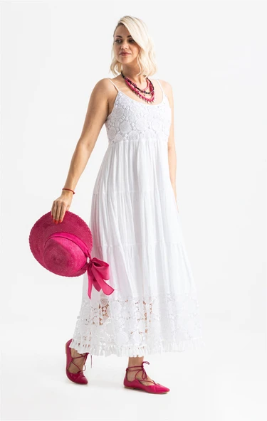 Askılı Şile Bezi Didem Uzun Yazlık Elbise Beyaz Byz - Resim 5