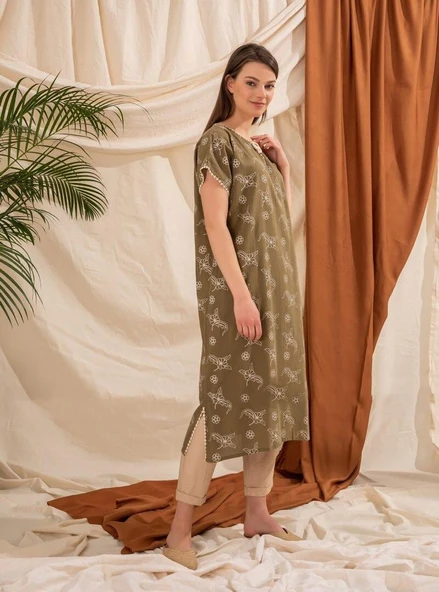 Kısa Kol Şile Bezi Baskılı Midi Boy Yazlık Elbise Serpme Desen Haki Hk L Haki - Resim 5