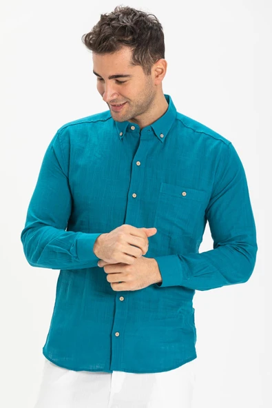 Uzun Kol Dar Kalıp Şile Bezi Tek Cepli Erkek Yazlık Gömlek Petrol 3053 M Petrol - Resim 3