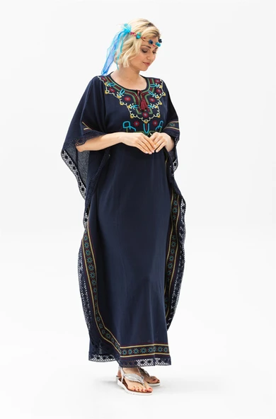 Kısa Kol Şile Bezi Gülseren Uzun Yazlık Otantik Elbise Lacivert Lcvt - Resim 2