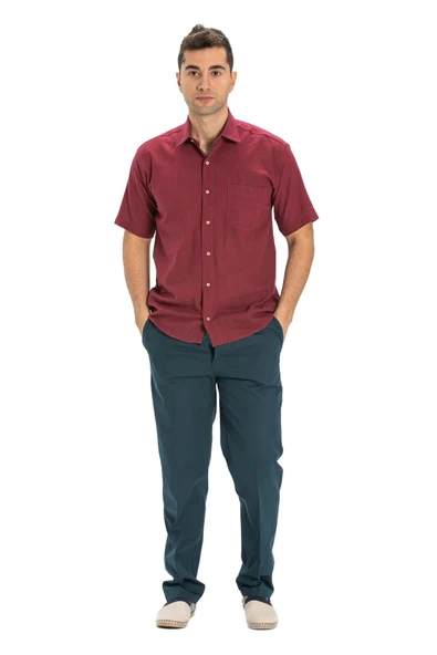 Kısa Kol Şile Bezi Tek Cepli Erkek Yazlık Gömlek Koyu Bordo 3068 2XL Bordo - Resim 5