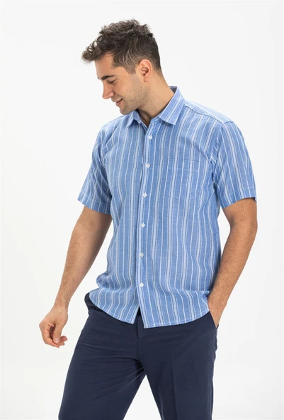 Kısa Kol Şile Bezi Tek Cepli Erkek Yazlık Gömlek Mavi Beyaz Çizgili 3019 XL Mavi Beyaz Çizgili ürün görseli