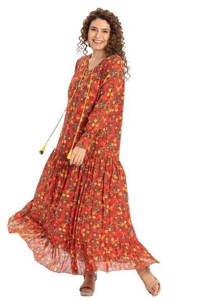 Uzun Kol Vual Gonca Uzun Yazlık Elbise Tomurcuk Desen Turuncu 6168 L/XL Turuncu - Resim 6