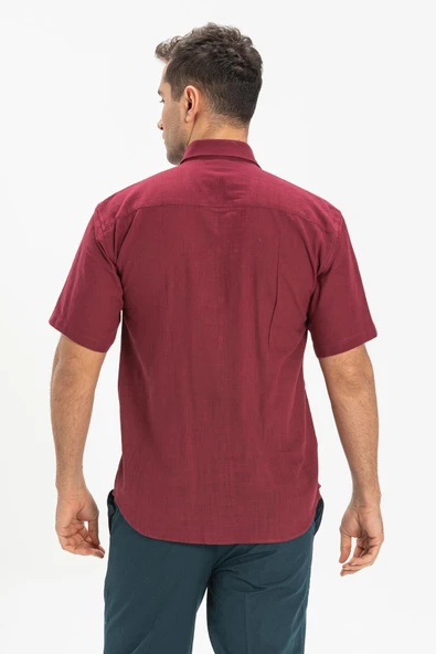 Kısa Kol Şile Bezi Tek Cepli Erkek Yazlık Gömlek Koyu Bordo 3068 2XL Bordo - Resim 2