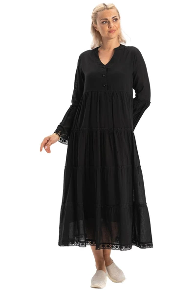 Uzun Kol Vual Şeyma Uzun Yazlık Elbise Siyah Syh L Siyah - Resim 7