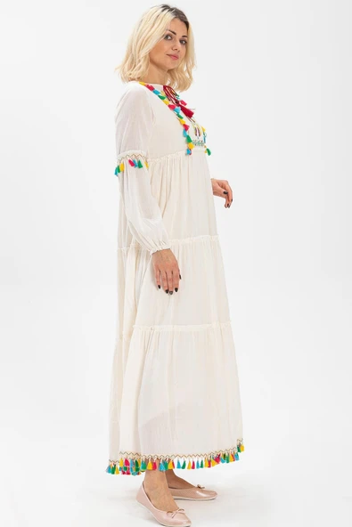 Uzun Kol Şile Bezi İffet Uzun Tesettür Elbise Krem Krm L Krem - Resim 4