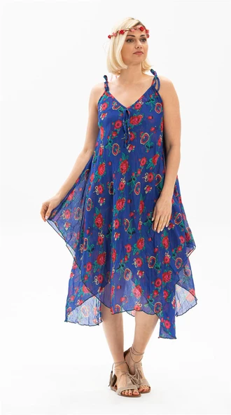 Askılı Vual Afrodit Midi Boy Yazlık Elbise Saks 6085 ürün görseli