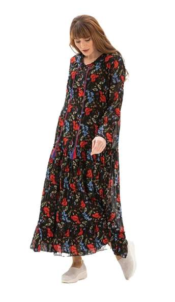 Uzun Kol Vual Gonca Uzun Yazlık Elbise Gelincik Desen Kırmızı Siyah Çizgili 6159 S/M Siyah - Resim 6